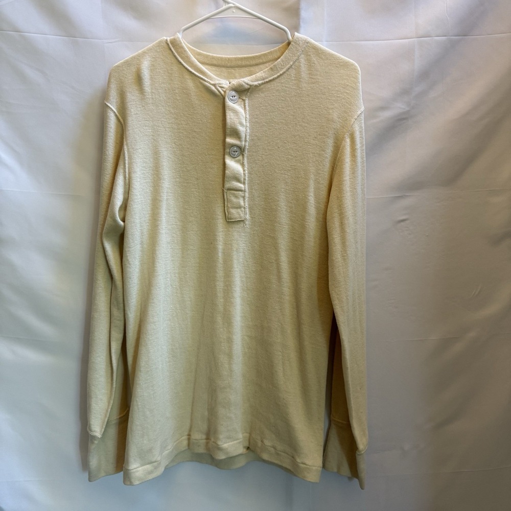 Thermal Henley Shirt Mens Beige Long Sleeve Military Wool Base Layer 60s 70s 80s